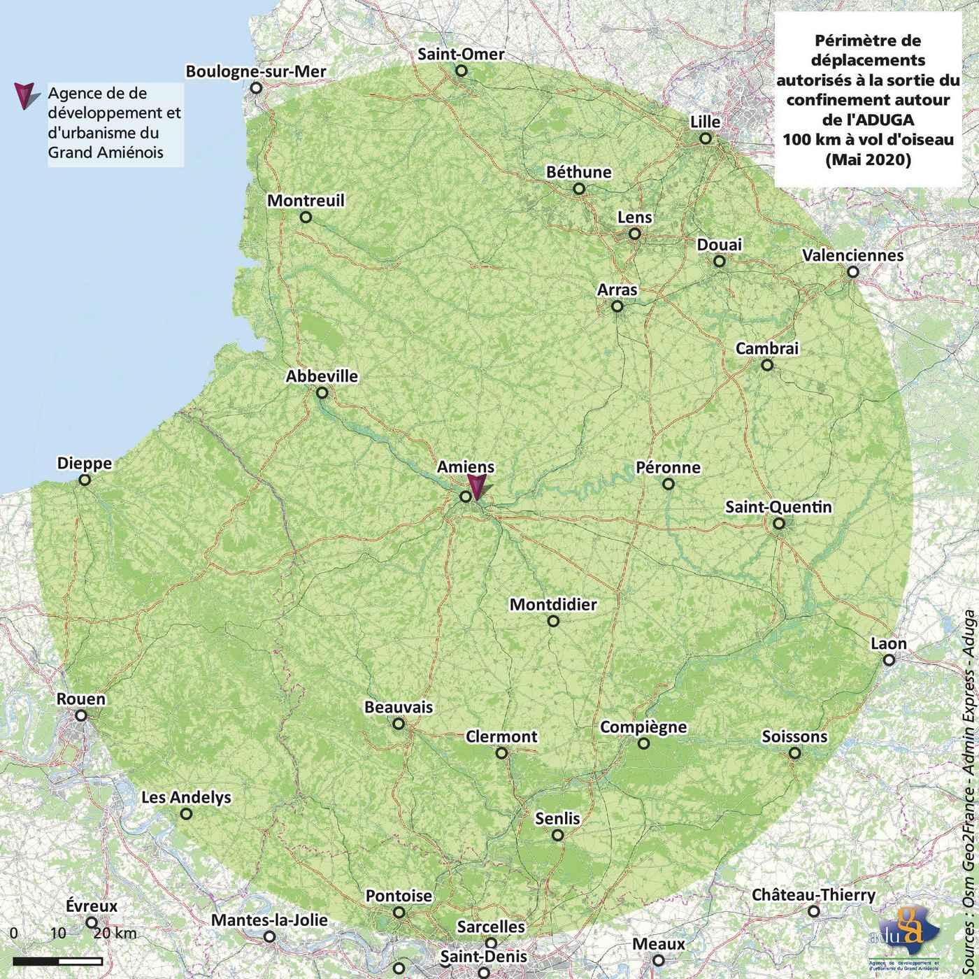 La carte du mois. 100 km à vol d'oiseau depuis Amiens