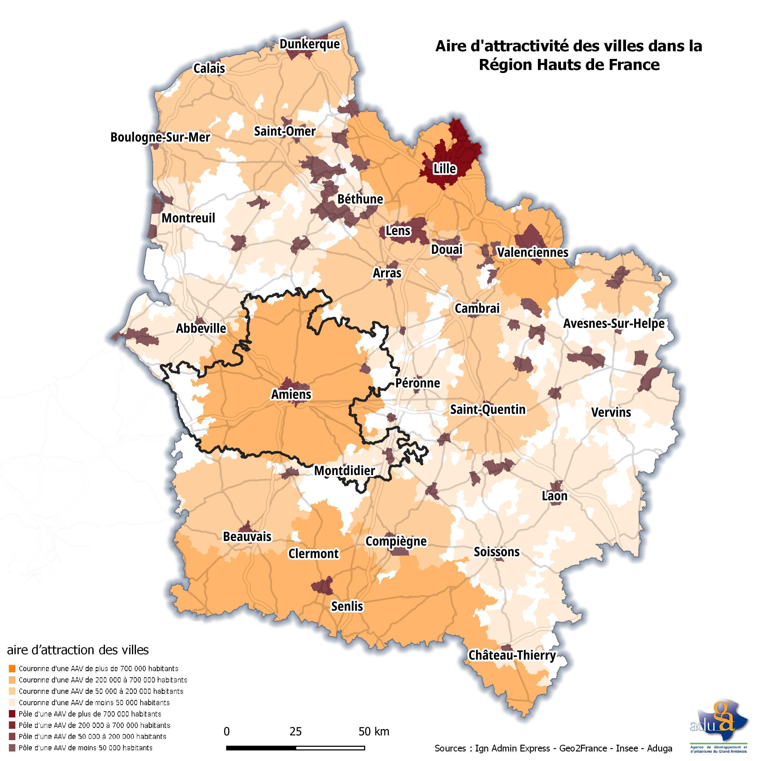 La carte du mois. Aire d'attractivité des villes dans la Région Hauts de France