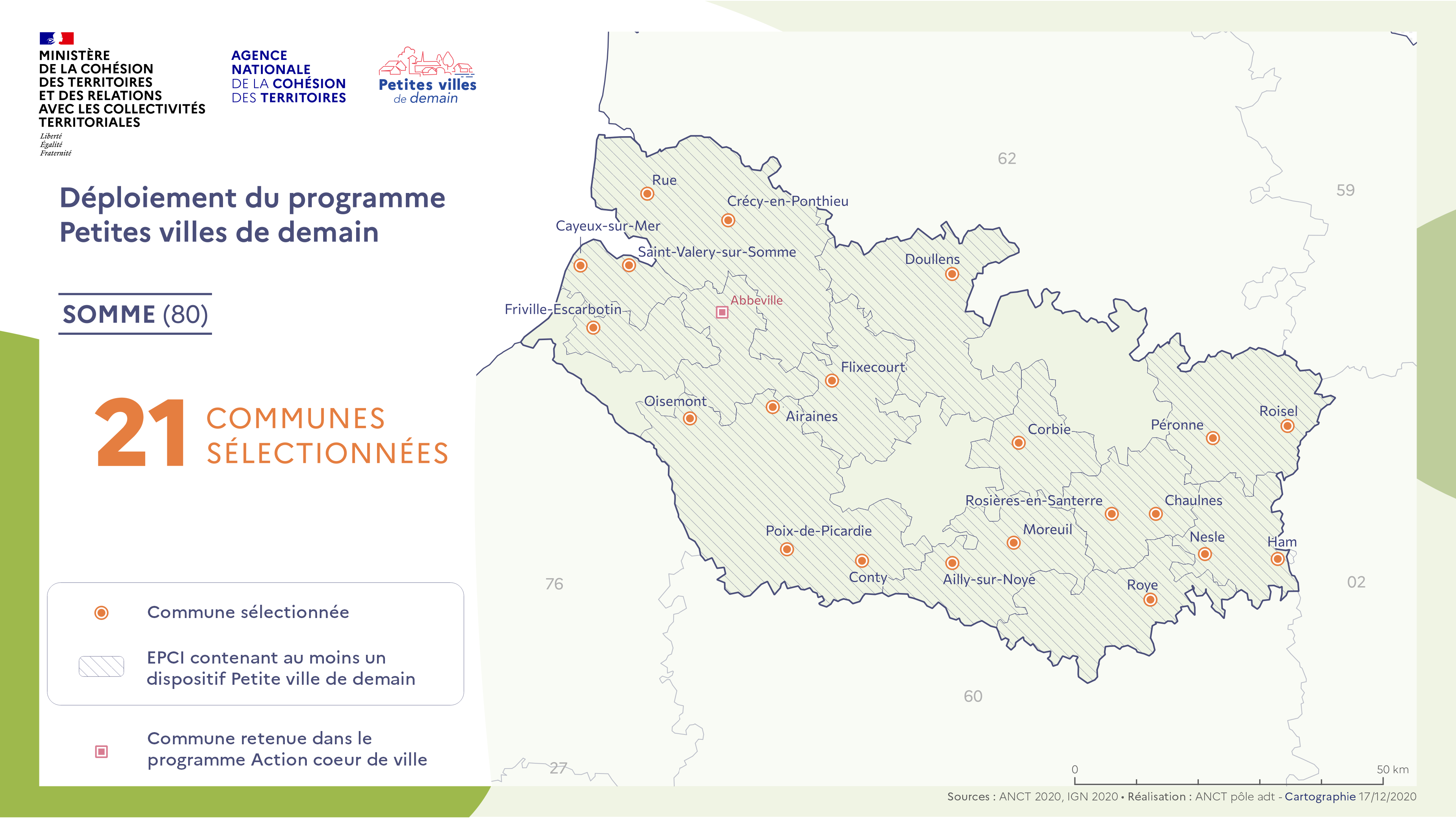 La carte du mois. Programme Petites Villes de demain: Liste des communes retenues du Grand Amiénois
